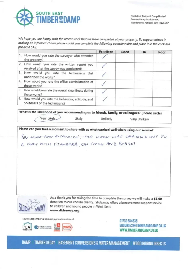 A testimonial about damp proofing in Appledore, Ashford