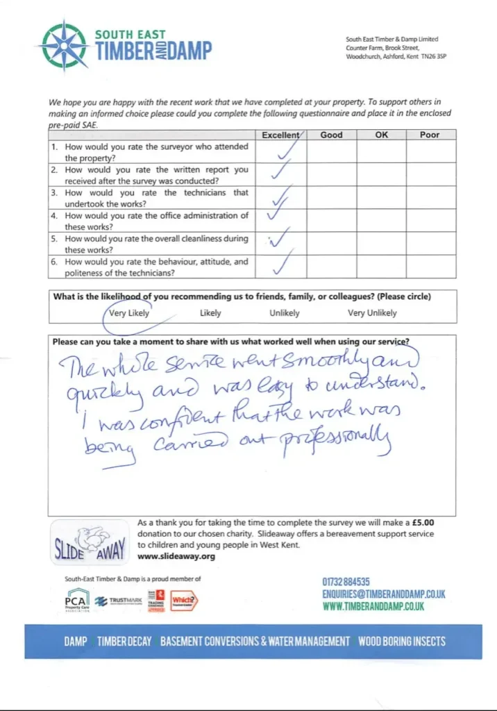 A timber treatment testimonial from Frinstead, Maidstone.