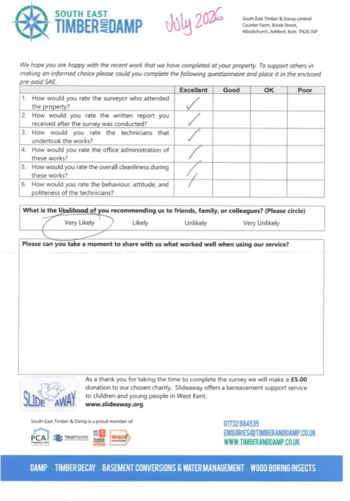 A damp proofing testimonial from Hythe, Rodney Marsh