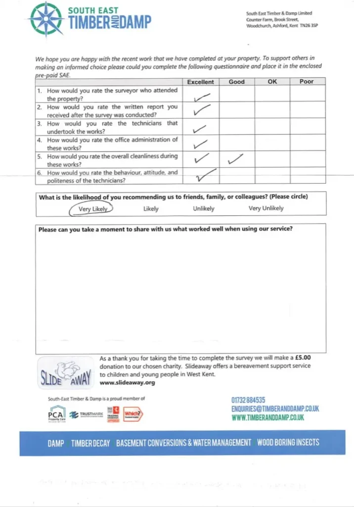 A damp proofing testimonial from Kemsing, Sevenoaks.