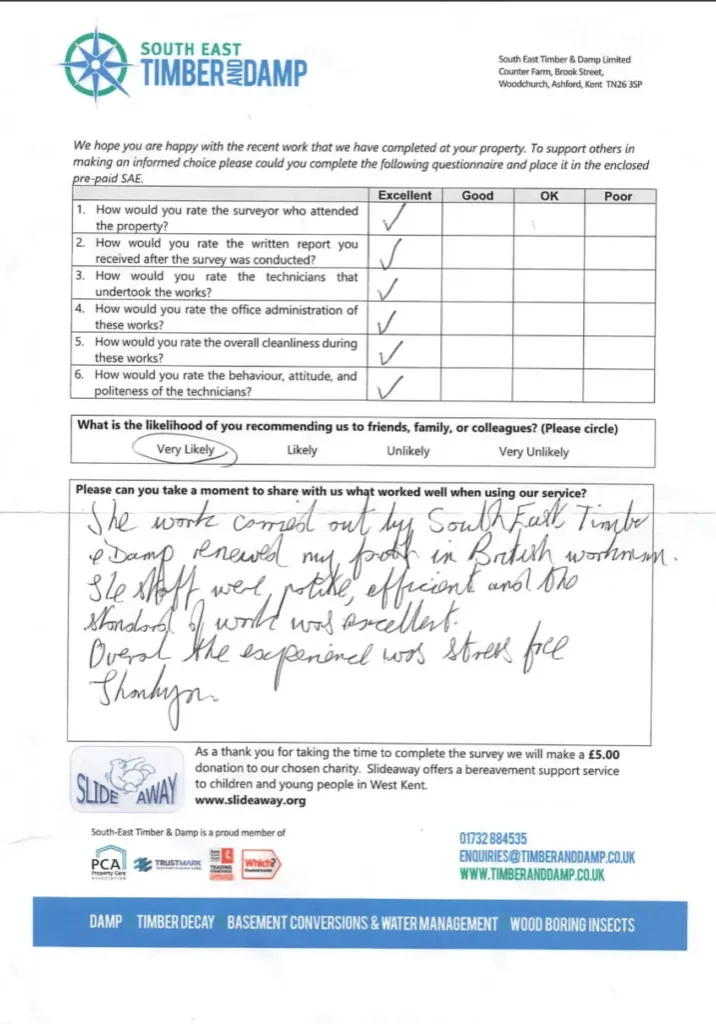 A damp proofing testimonial from Maidstone, Kent.