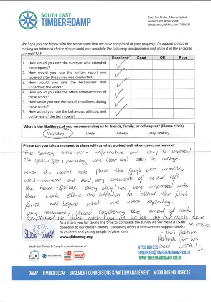 A damp proofing testimonial from Mouldham, Medway.